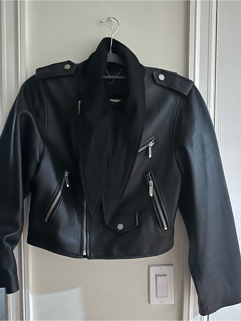 Black Women's Leather Moto Jacket with Shawl Collar